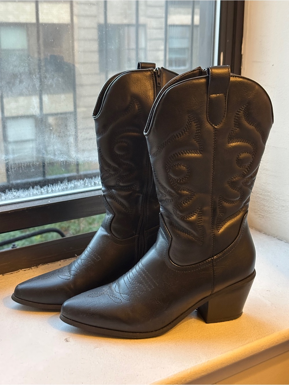 Black Faux Leather Calf High Cowboy Boots with Heel
